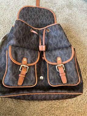 Michael Kors Brown Monogram Backpack with Tan Trim